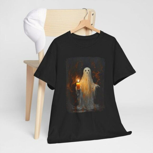Cute Ghost Holding Candle Funny Halloween Gothic Vintage T-Shirt - Picture 3 of 6